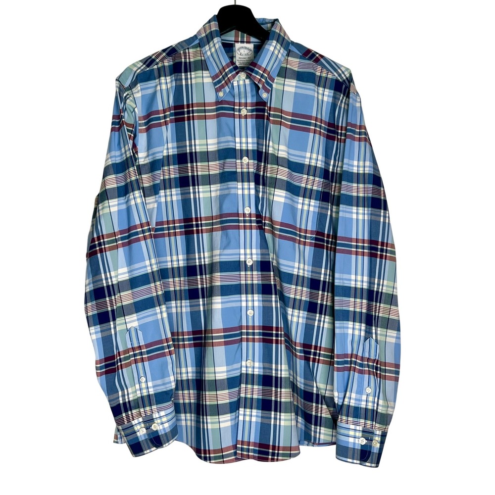 Brooks Brothers Regent Fit Non-Iron Supima Cotton Plaid Shirt Mens Large Blue